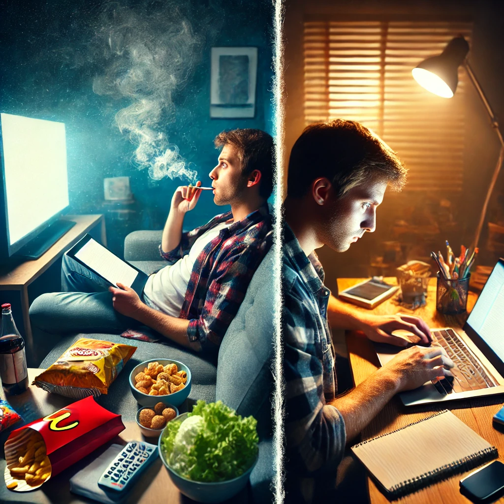 A split-screen image – one side shows a person distracted (on a couch with TV, phone, snacks), and the other shows them focused (writing, working on a project, reading).